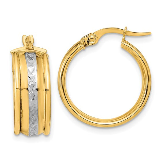 14k yellow gold and rhodium diamond cut grooved round hoop earrings 18mm x 7mm