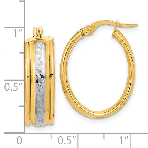 14k yellow gold and rhodium diamond cut grooved oval hoop earrings 18mm x 7mm
