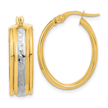 14k yellow gold and rhodium diamond cut grooved oval hoop earrings 18mm x 7mm