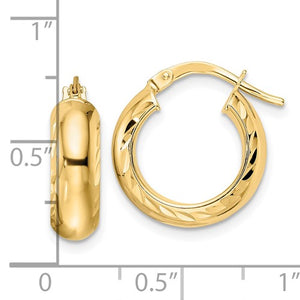 14K Yellow Gold Diamond Cut Edge Round Hoop Earrings 15mm x 5mm