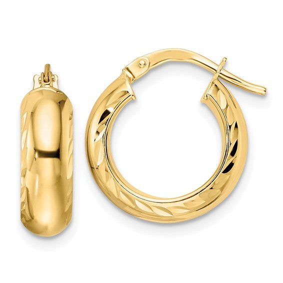 14k yellow gold diamond cut edge round hoop earrings 15mm x 5mm