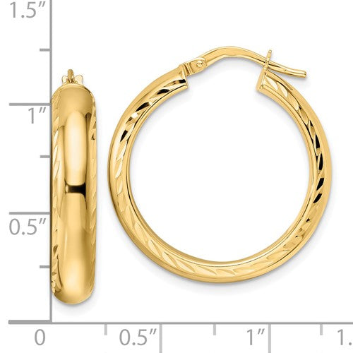 14K Yellow Gold Diamond Cut Edge Round Hoop Earrings 26mm x 5mm