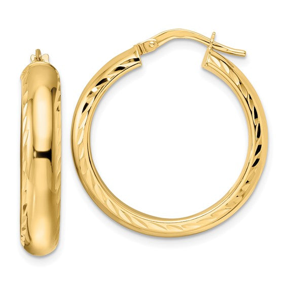 14k yellow gold diamond cut edge round hoop earrings 26mm x 5mm