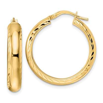 14k yellow gold diamond cut edge round hoop earrings 26mm x 5mm