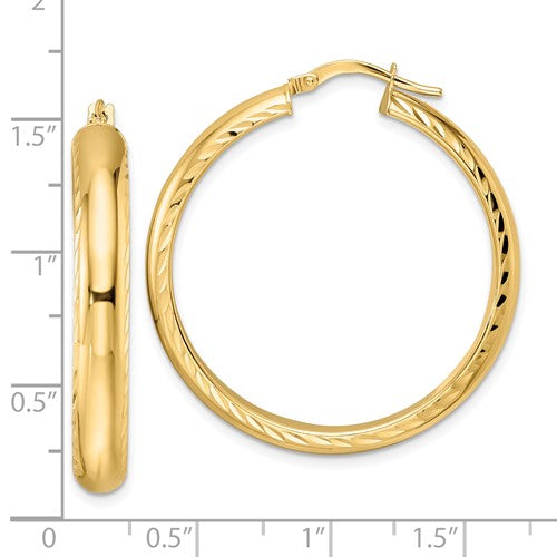 14K Yellow Gold Diamond Cut Edge Round Hoop Earrings 30mm x 5mm