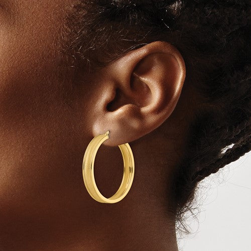 14k yellow gold brushed polished round grooved hoop earrings 35mm x 6mm