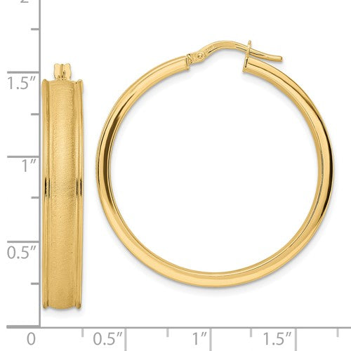 14k yellow gold brushed polished round grooved hoop earrings 35mm x 6mm