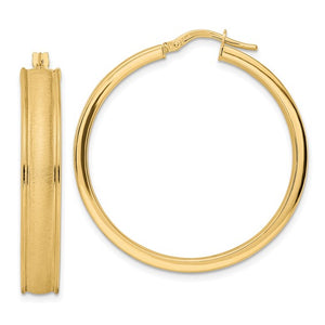 14K Yellow Gold Brushed Polished Round Grooved Hoop Earrings 35mm x 6mm