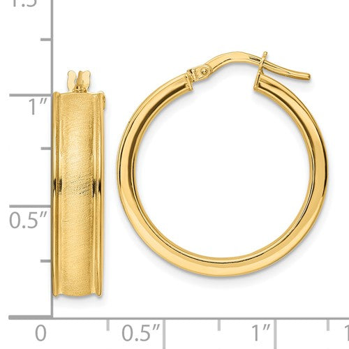 14k yellow gold brushed polished round grooved hoop earrings 24mm x 6mm