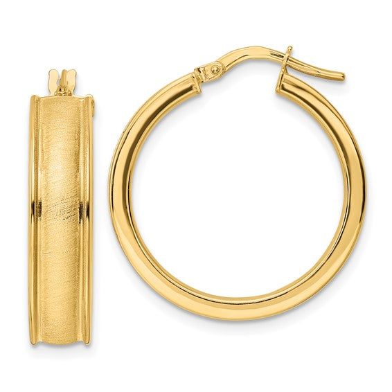 14k yellow gold brushed polished round grooved hoop earrings 24mm x 6mm