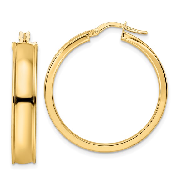 14k yellow gold modern contemporary round grooved hoop earrings 29mm x 6mm
