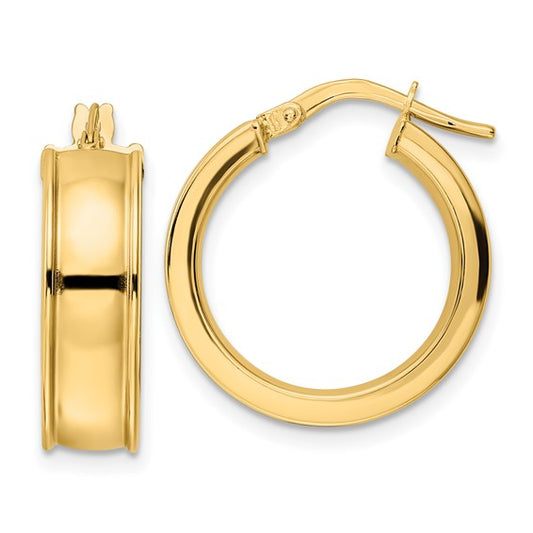 14k yellow gold modern contemporary round grooved hoop earrings 19mm x 6mm