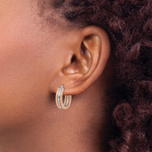 14k rose gold and rhodium two tone textured round hoop earrings 19mm x 6.25mm