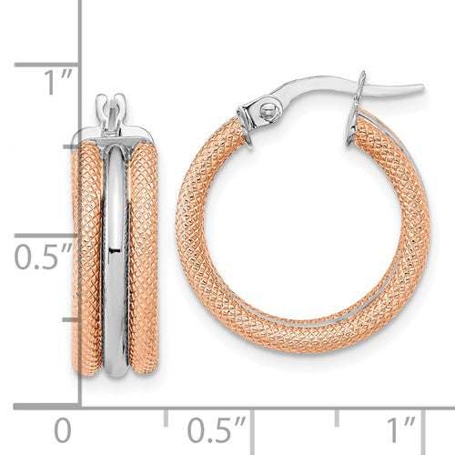 14k rose gold and rhodium two tone textured round hoop earrings 19mm x 6.25mm