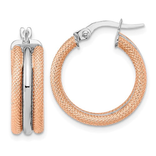 14k rose gold and rhodium two tone textured round hoop earrings 19mm x 6.25mm