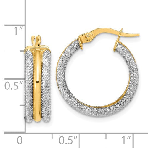 14k yellow gold and rhodium two tone textured round hoop earrings 19mm x 6.25mm