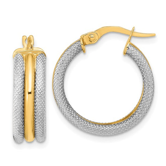 14k yellow gold and rhodium two tone textured round hoop earrings 19mm x 6.25mm