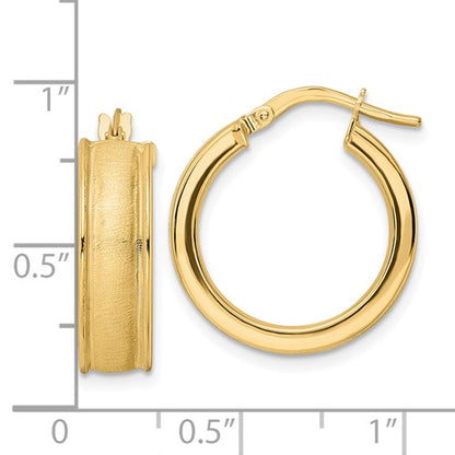 14k yellow gold brushed polished round grooved hoop earrings 19mm x 6mm