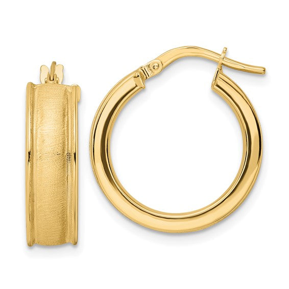 14K Yellow Gold Brushed Polished Round Grooved Hoop Earrings 19mm x 6mm