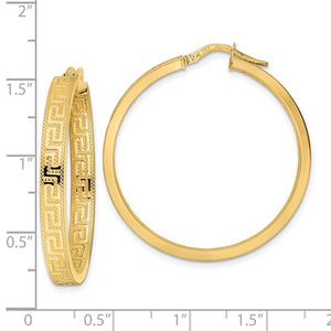 14k Yellow Gold Greek Key Square Tube Round Hoop Earrings