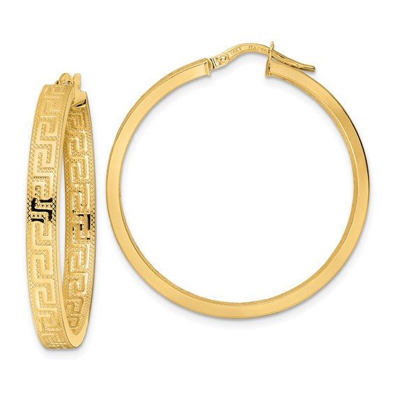 14k yellow gold greek key square tube round hoop earrings