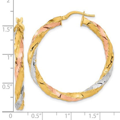 14k gold tri color twisted round hoop earrings
