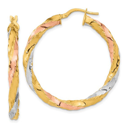 14k gold tri color twisted round hoop earrings
