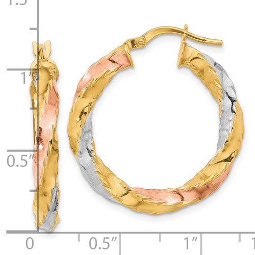 14k gold tri color twisted round hoop earrings