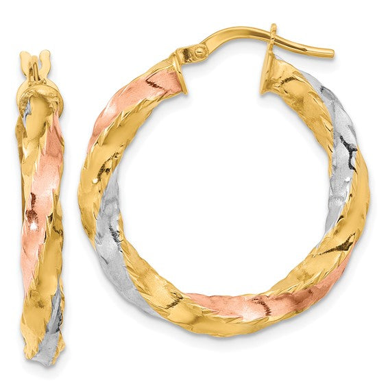 14k gold tri color twisted round hoop earrings