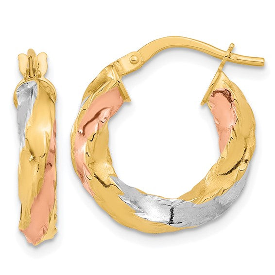 14k gold tri color twisted round hoop earrings