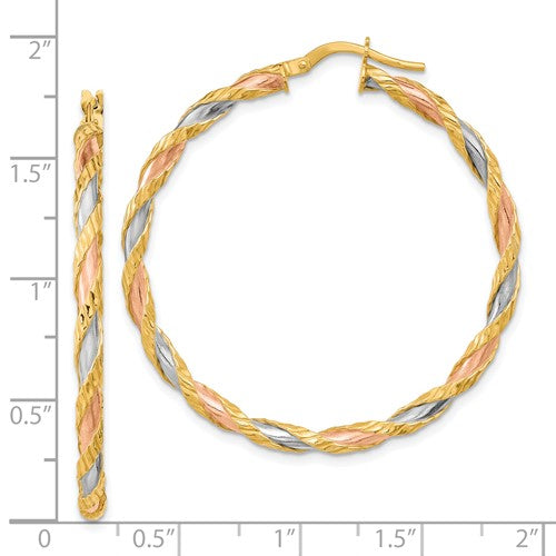 14k gold tri color twisted textured round hoop earrings