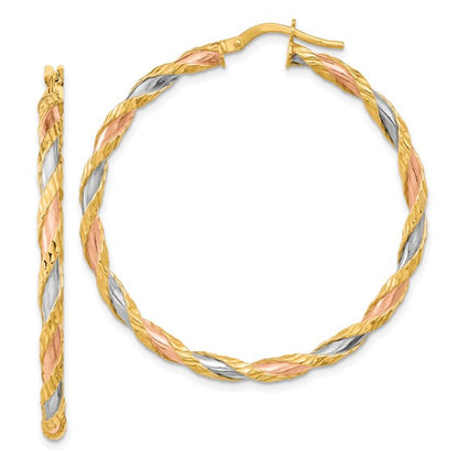 14k gold tri color twisted textured round hoop earrings