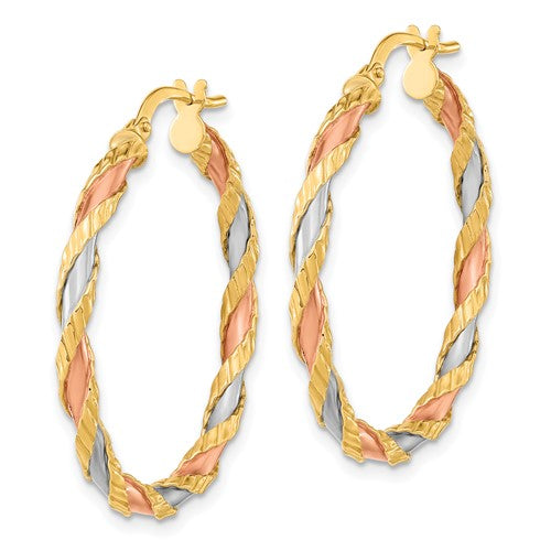 14k gold tri color twisted textured round hoop earrings
