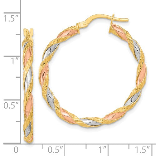 14k gold tri color twisted textured round hoop earrings