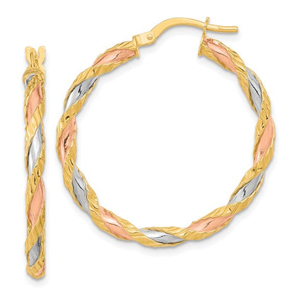 14k gold tri color twisted textured round hoop earrings