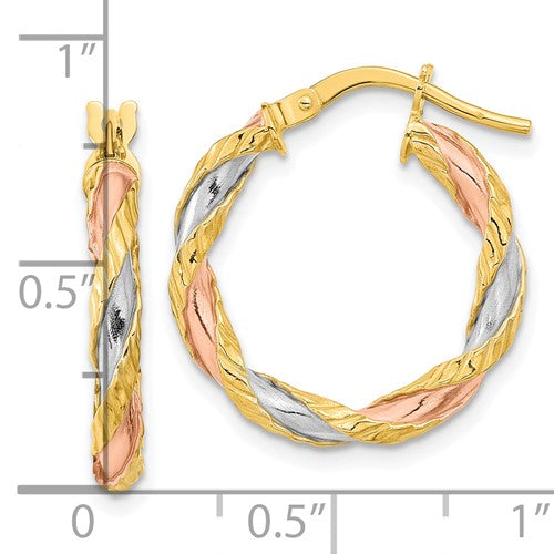 14k gold tri color twisted textured round hoop earrings