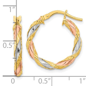 14k Gold Tri Color Twisted Textured Round Hoop Earrings