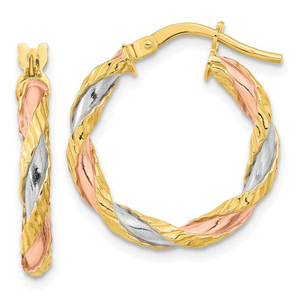 14k gold tri color twisted textured round hoop earrings