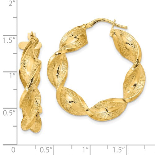 14k yellow gold greek key twisted round hoop earrings
