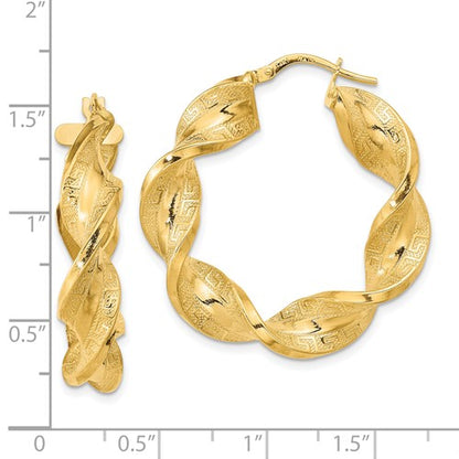 14k yellow gold greek key twisted round hoop earrings