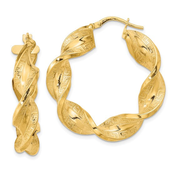 14k yellow gold greek key twisted round hoop earrings
