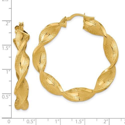 14k yellow gold greek key twisted round hoop earrings