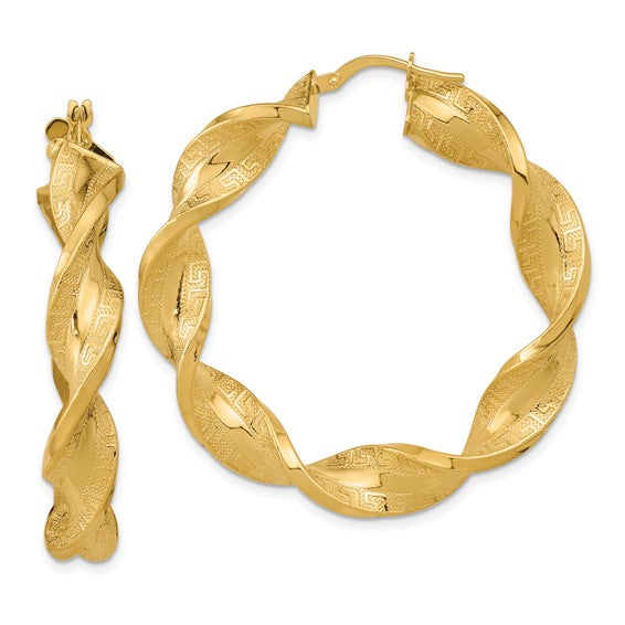 14k yellow gold greek key twisted round hoop earrings