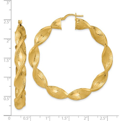 14k yellow gold greek key twisted round hoop earrings