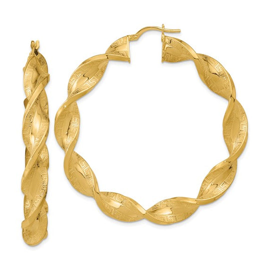 14k yellow gold greek key twisted round hoop earrings