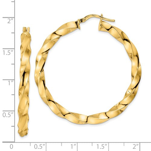 14k yellow gold twisted round hoop earrings 43mm x 4mm