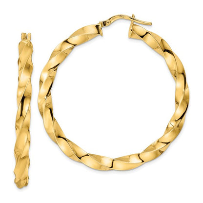 14k yellow gold twisted round hoop earrings 43mm x 4mm