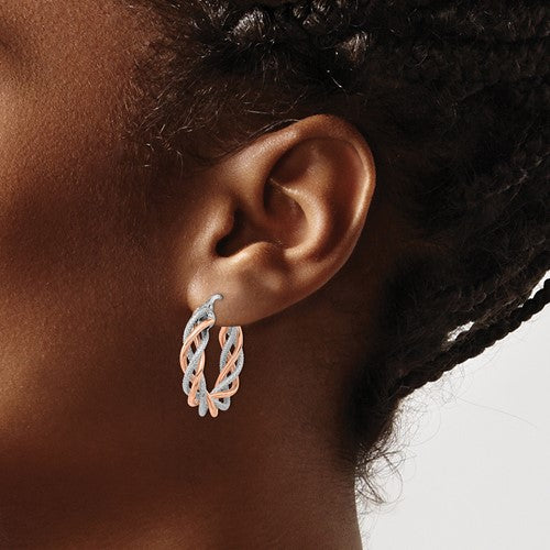 14k rose gold and rhodium two tone twisted round hoop earrings