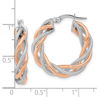 14k rose gold and rhodium two tone twisted round hoop earrings