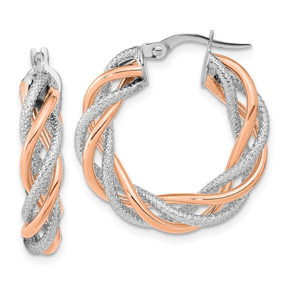 14k rose gold and rhodium two tone twisted round hoop earrings